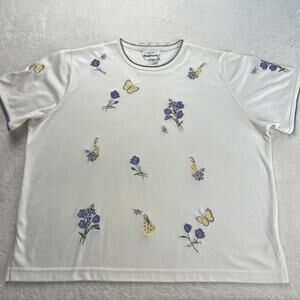 Bon Worth Womenโs embroidered pastel floral white shirt size medium petite